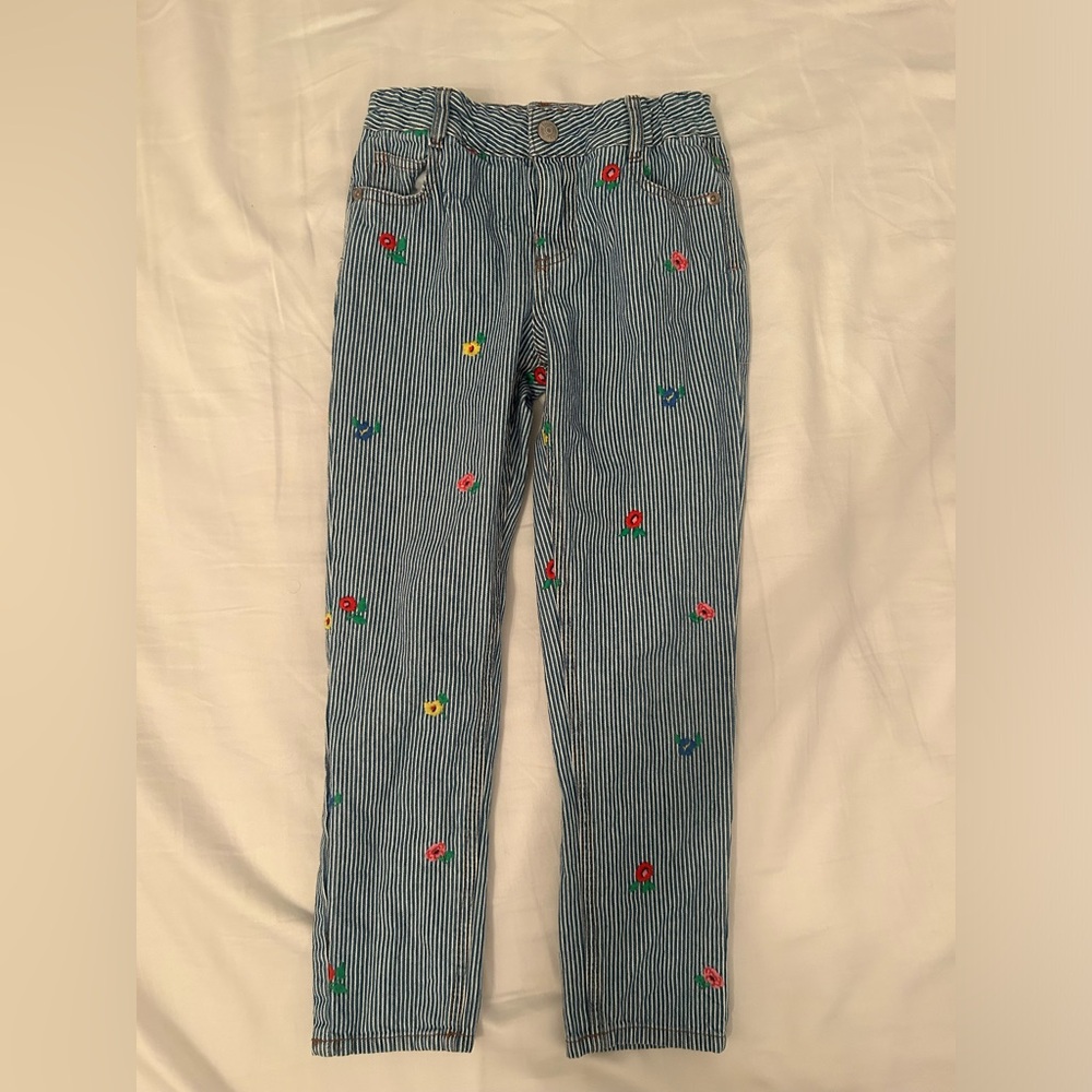 Striped Blue Jeans with Floral Embroidery